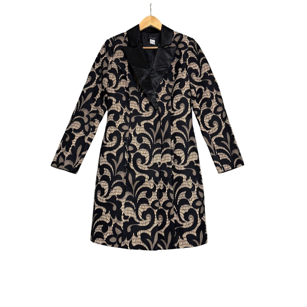 Venus Women Brocade Blazer Jacket 4 Black Tan Swirl Tuxedo Collar Jacquard